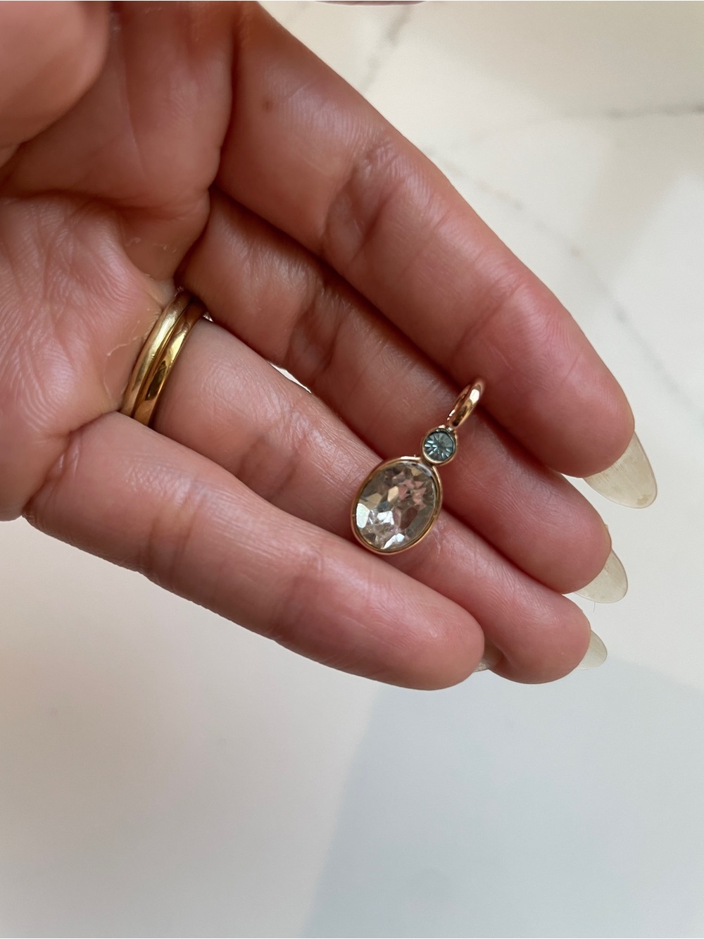 Vintage-Style Mint Green & Blue Glass Resin Two-Stone Pendant, Gold Plated